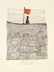 Napachie Pootoogook. Inuit (Kinngait), 1938-2002. Namonai's Vision of the Future, 1995-1996. black felt-tip pen, coloured pencil on paper. Collection of the WAG. Gift of West Baffin